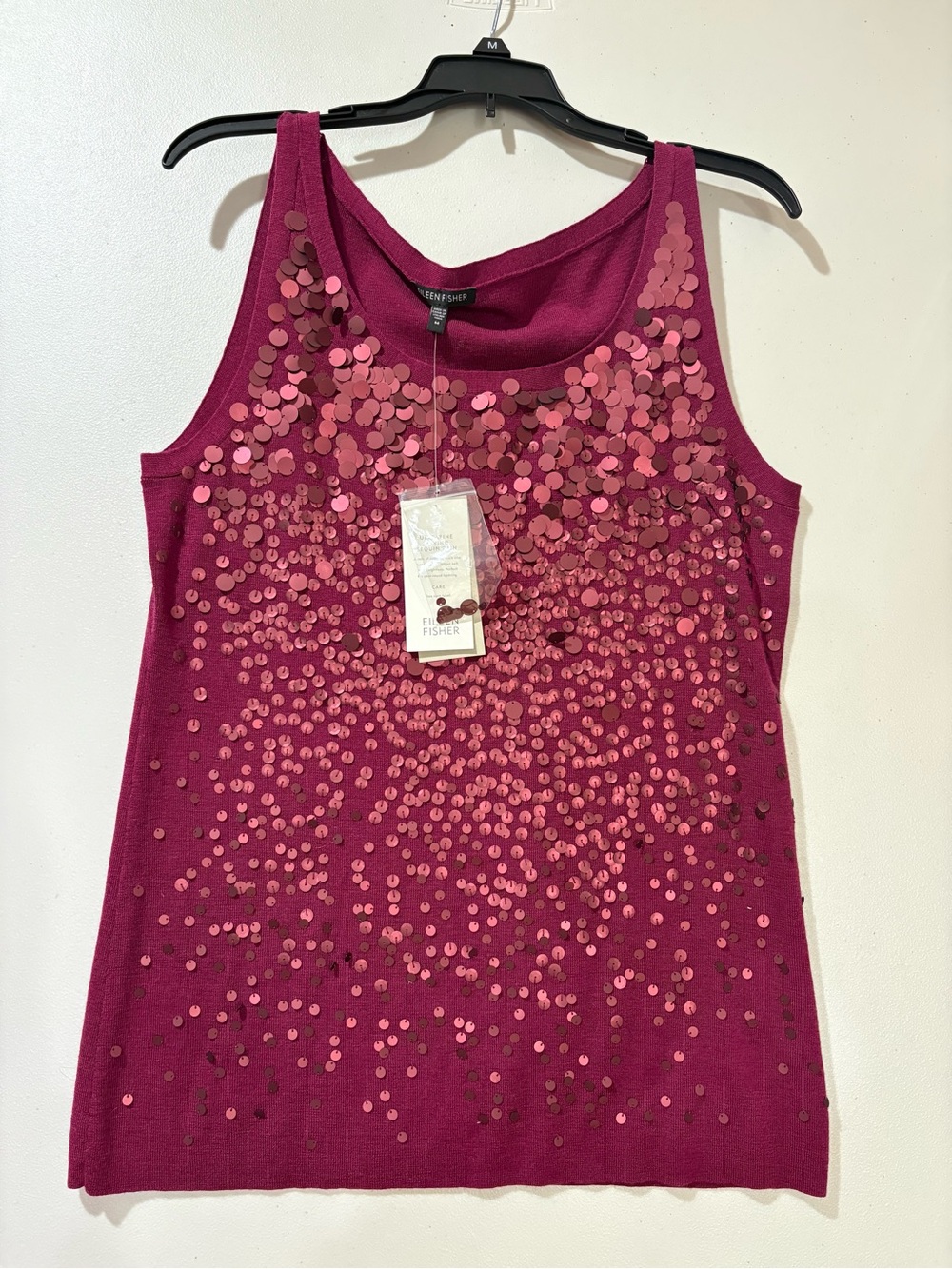 NWT Eileen Fisher Magenta Sequin Front Shell Tank Top Ultrafine Merino Wool M